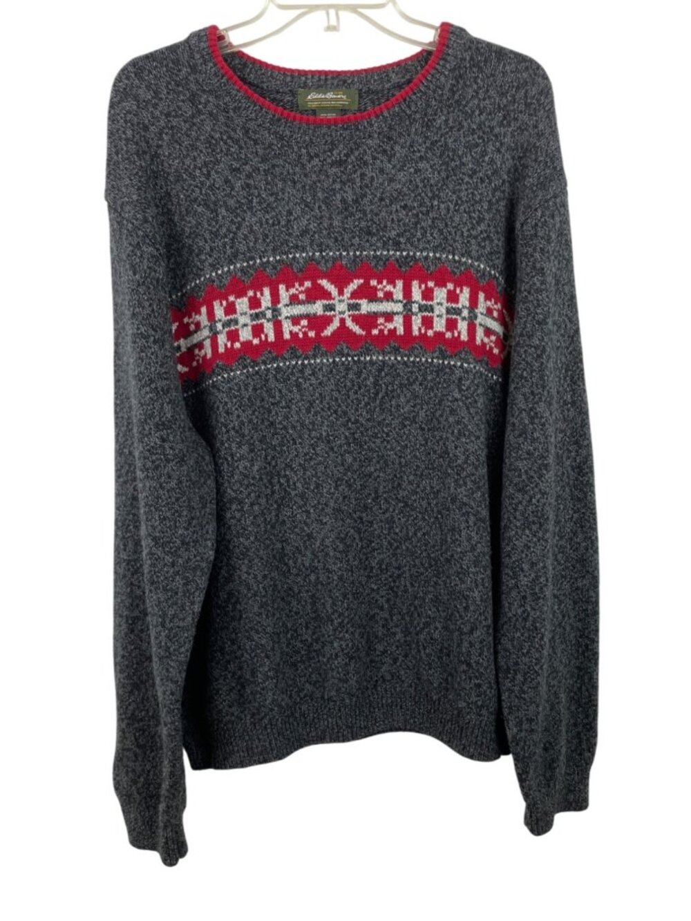 Eddie Bauer Mens Nordic Pattern Sweater XXL Gray & Red Wool Blend Crewneck